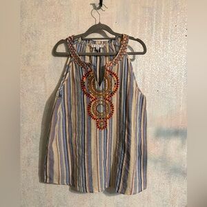 Love Multicolor Embroidered Striped, Sleeveless Boho, Cottagecore Blouse, Sz Lg